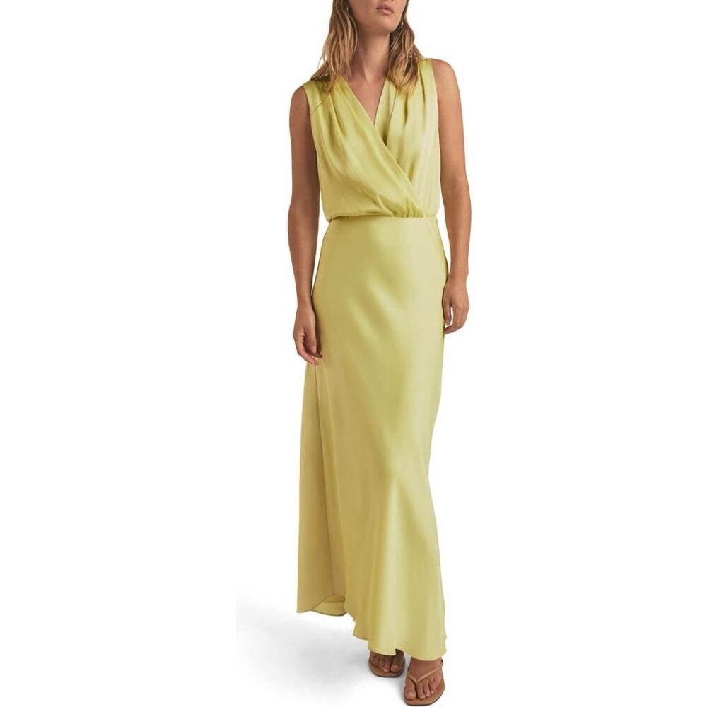 Favorite Daughter Nita Sleeveless Satin Maxi Long Dress V-Neck Yellow NWT Size L